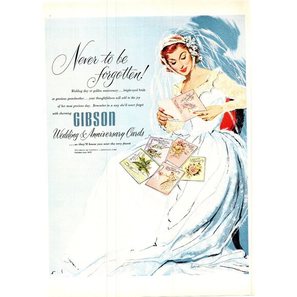 1952 Gibson Wedding and Anniversary Cards Vintage Print Ad Bride Dress Wall Art - Picture 1 of 2